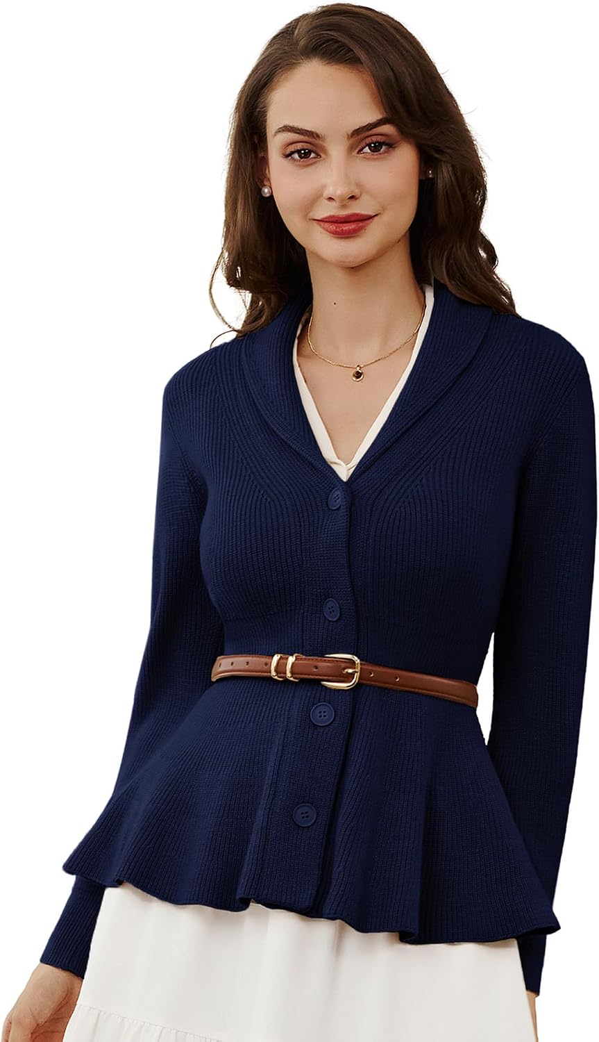 Belle Poque Damen Strickjacke Langarm Reverskragen Cardigan mit Rüschensaum Casual Strickmantel S Ma