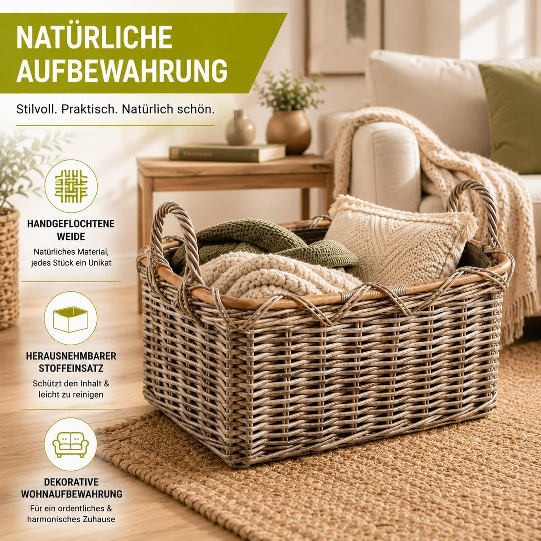 Kobolo Holzkorb Kaminkorb rechteckig Kubu grey - Rattan - Stoff dunkel Kubu Grau Stoff, Kubu Grau St