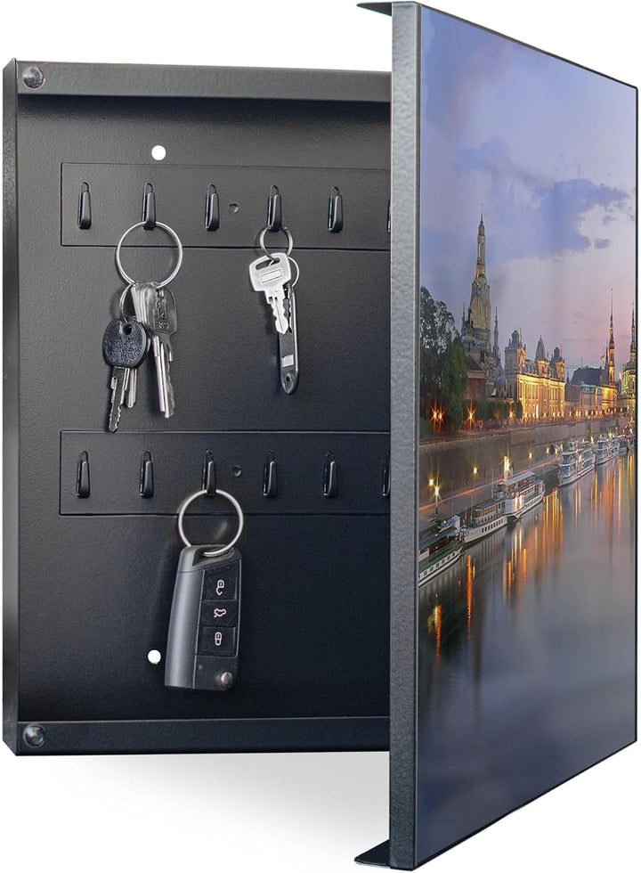 banjado® Grosser Schlüsselkasten Glas/Schlüsselbox 30cm x 30cm mit 50 Haken - Motiv Dresden/Schlüsse