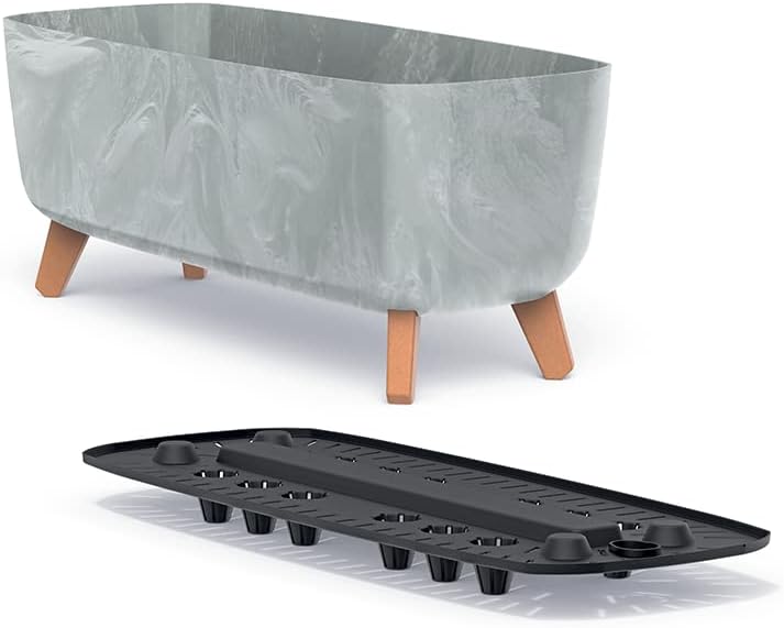 MELTOM Blumentopf Beton Optik Schale mit Füssen Blumenkasten mit Einsatz Pflanzgefäss, 57 cm x 23 cm