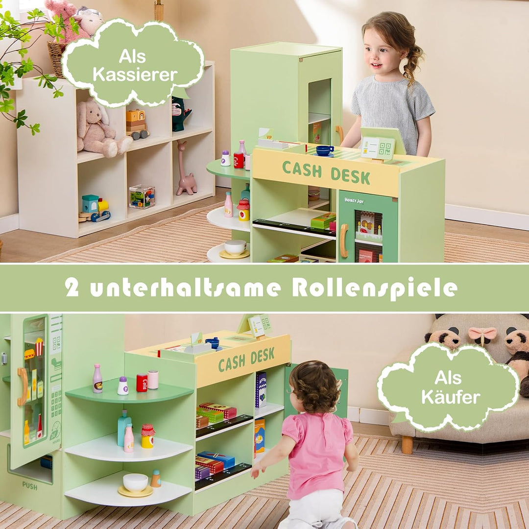 DREAMADE Kasse Kaufladen Kinder, Kaufmansladen Holz mit realistischer Kasse &amp; Verkaufsautomat, Spiel