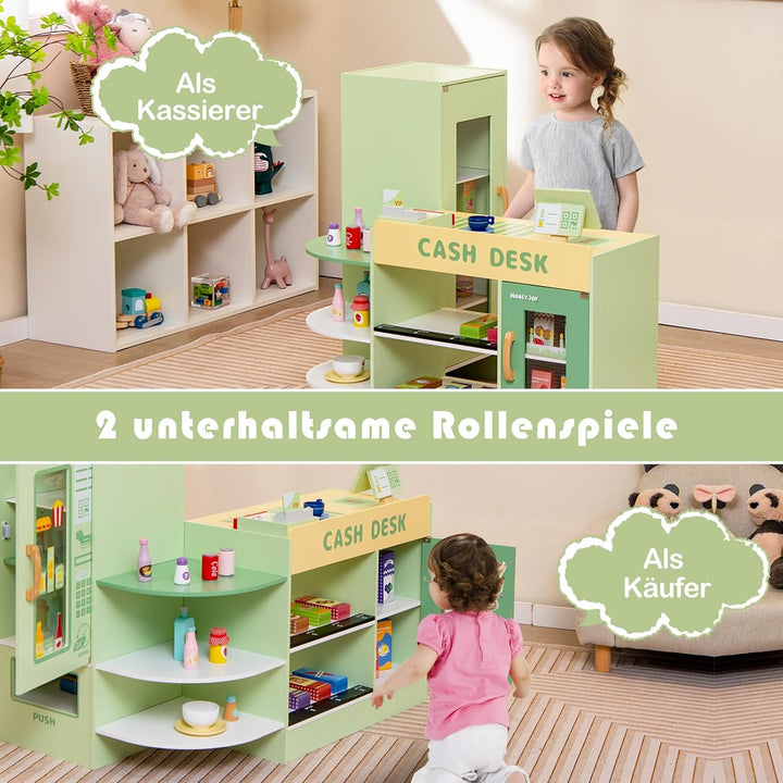 DREAMADE Kasse Kaufladen Kinder, Kaufmansladen Holz mit realistischer Kasse &amp; Verkaufsautomat, Spiel