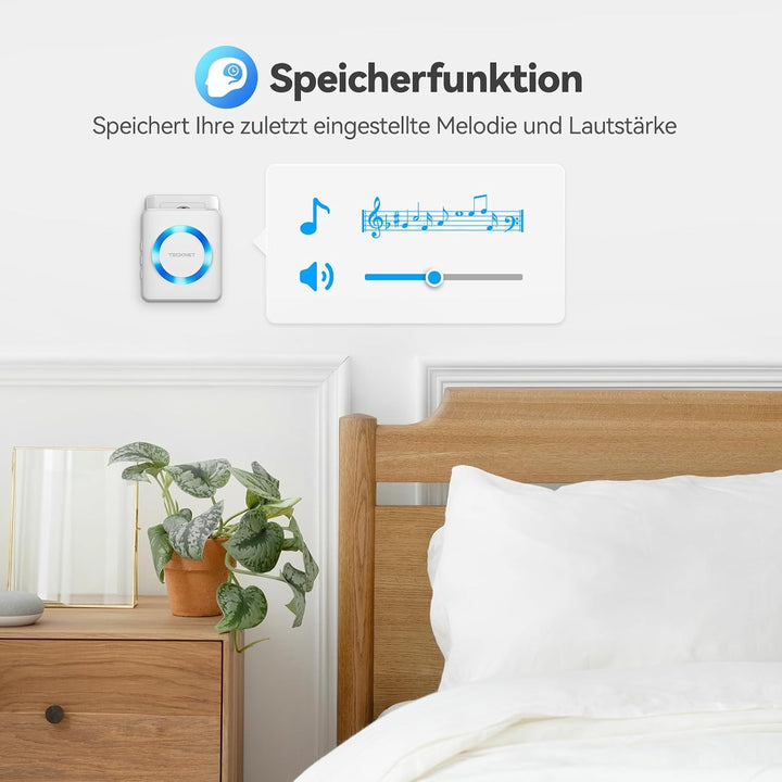 TECKNET Funkklingel, Funkklingel aussen wasserdicht IP65, kabellose türklingel 400m, Klingel Funk mi
