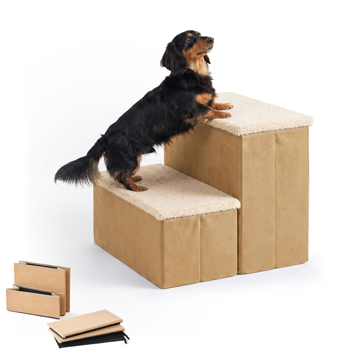 Relaxdays Hundetreppe, 2 Stufen, Stauraum, HxBxT: 32 x 40 x 35 cm, beige | faltbar, Stoffbezug, Hund