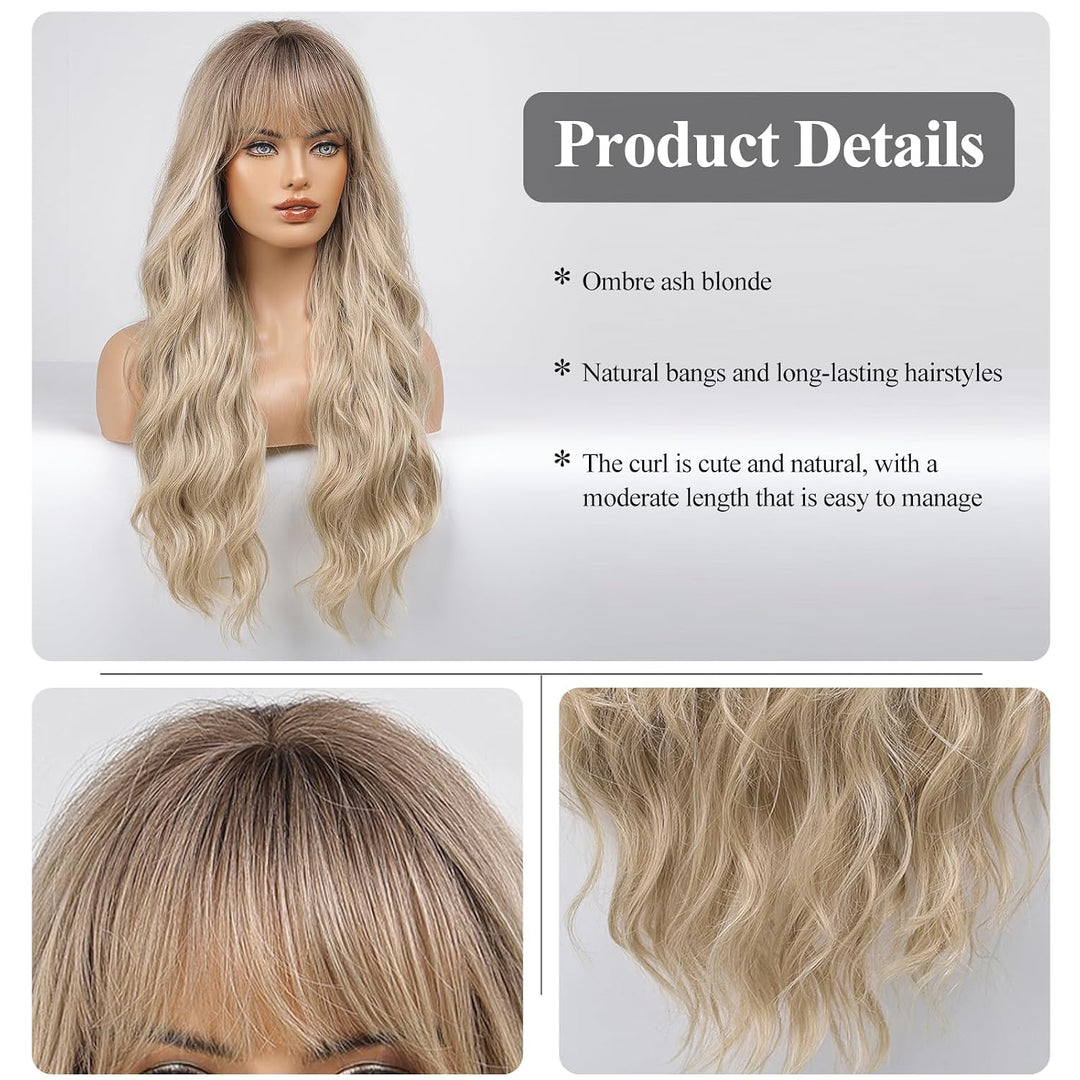 HAIRCUBE Ombre Blonde Perücke, lange lockige Perücke mit Pony, natürliche Erscheinung, hitzebeständi