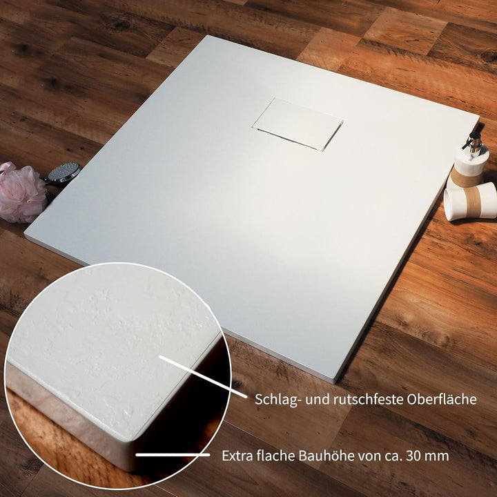 WITEN&amp;NOCK flache SMC Duschwanne 80x80cm weiss Brausewanne mit 90mm Siphon Weiss 80x80cm, Weiss 80x8