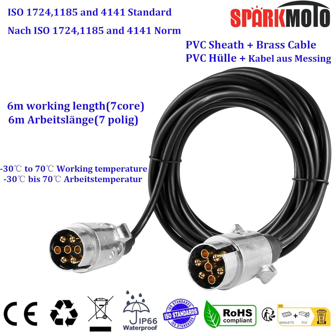 SPARKMOTO Anhänger Verlängerungskabel 7 polig mit Metall Anhänger Stecker, 6m Arbeitslänge Elektroka