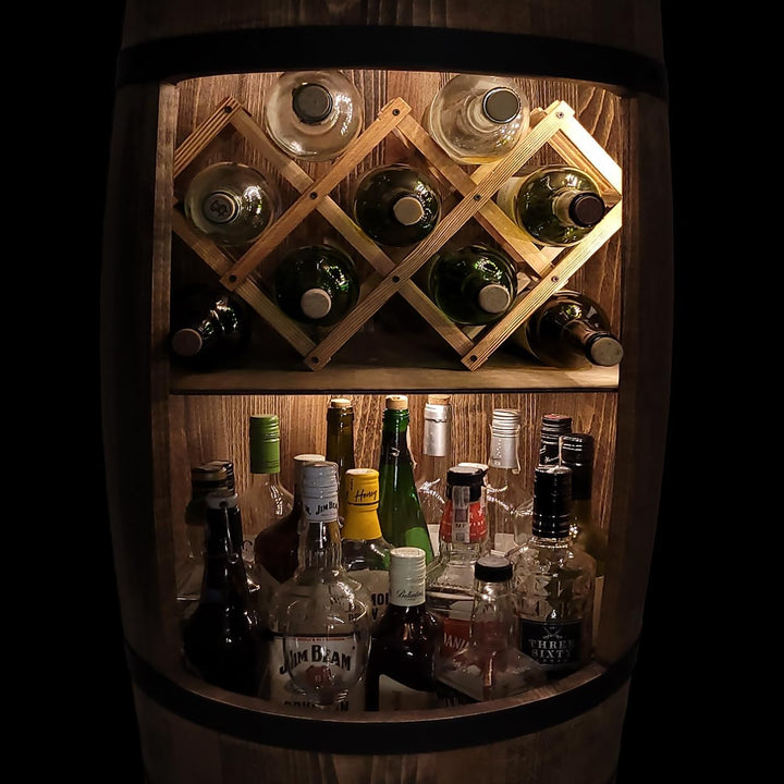 weeco Fassbar mit LED Beleuchtung und Weinhalter. Weinregal - Holzfass Hausbar 80cm. Rustikaler deko