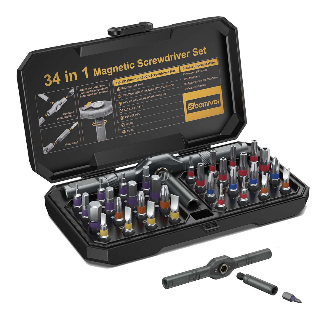 34-in-1 Ratschenschraubendreher Set, Magnetisches Schraubendreher Set mit Abnehmbarem Griff, 58-Zahn