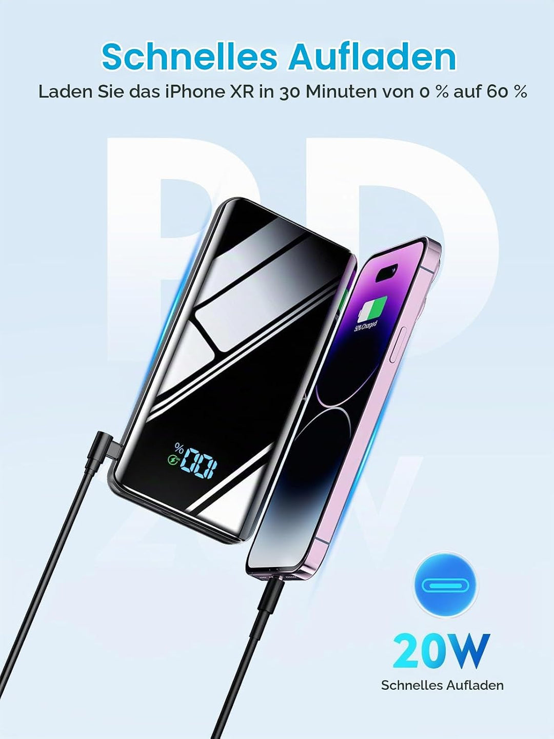 Power Bank 20000mAh Powerbank Schnellladefunktion 22.5W USB C LED Display Keine Kabel, Keine Kabel
