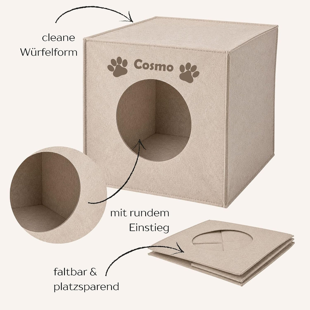 Personalisierte Katzenhöhle Filz mit Name, Katzenhaus Würfel passend für Kallax Regal, Beige, Beige