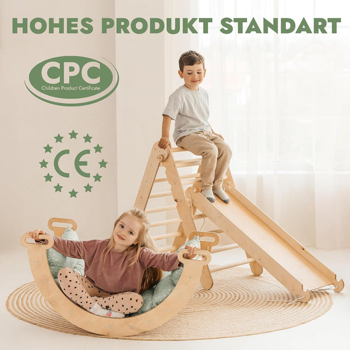 Goodevas Montessori Kletterdreieck Set | Klettergerüst Indoor Holz mit Dreiecksleiter, Bogen, Rampe,