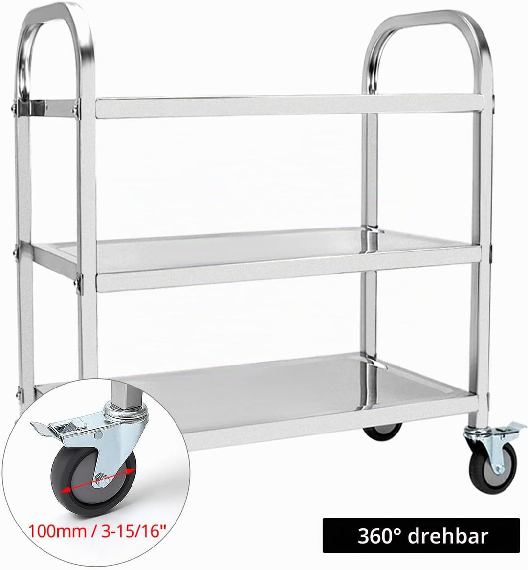 QWORK® 3-Etagen Edelstahl Servierwagen Teewagen Reinigungswagen - 95 x 50 x 95 cm - Leise Räder mit
