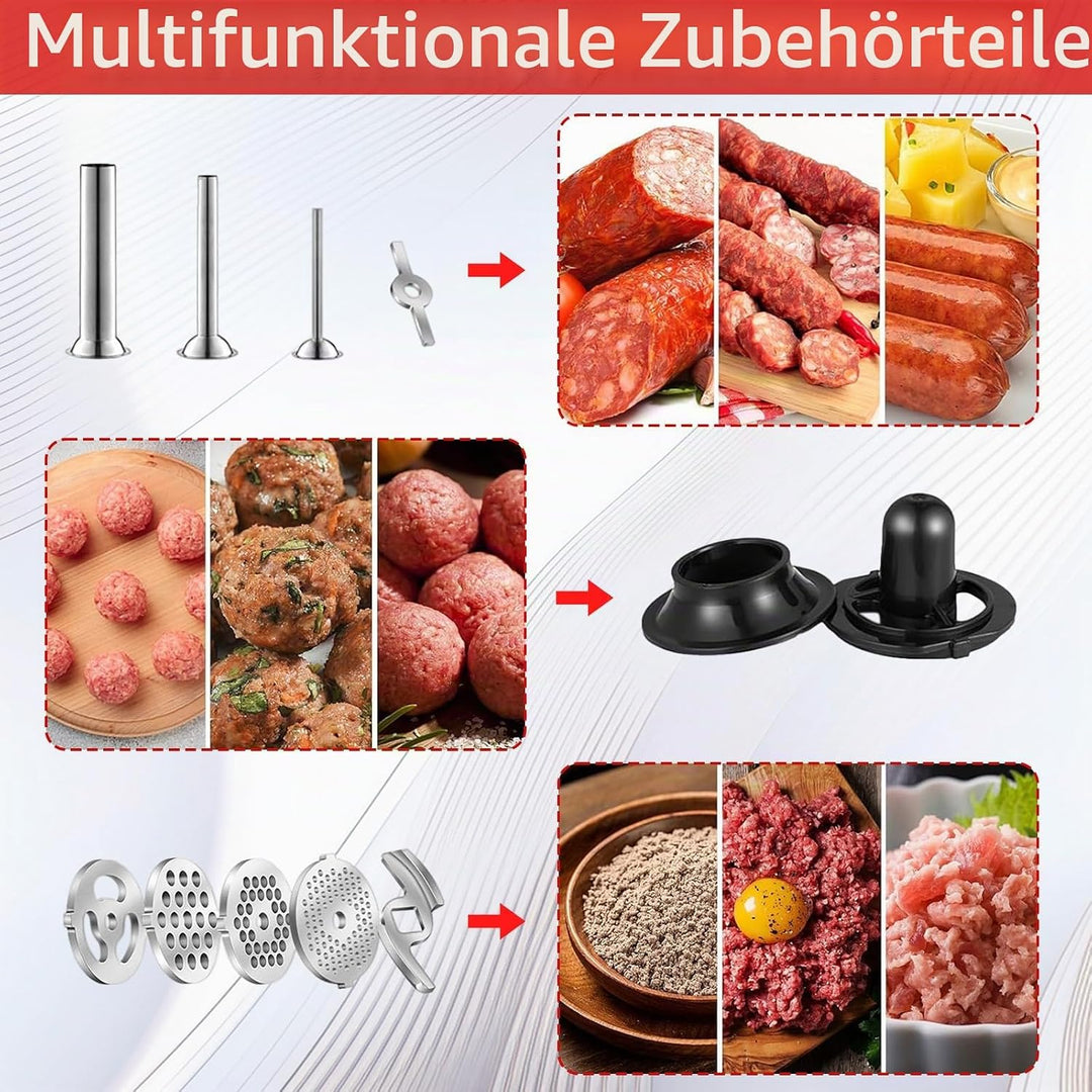 Fleischwolf Aufsatz, Kitchen Aid Zubehör aus Edelstahl mit 4 Mahlscheiben 3 Wurstfüllrohre 3 Klingen