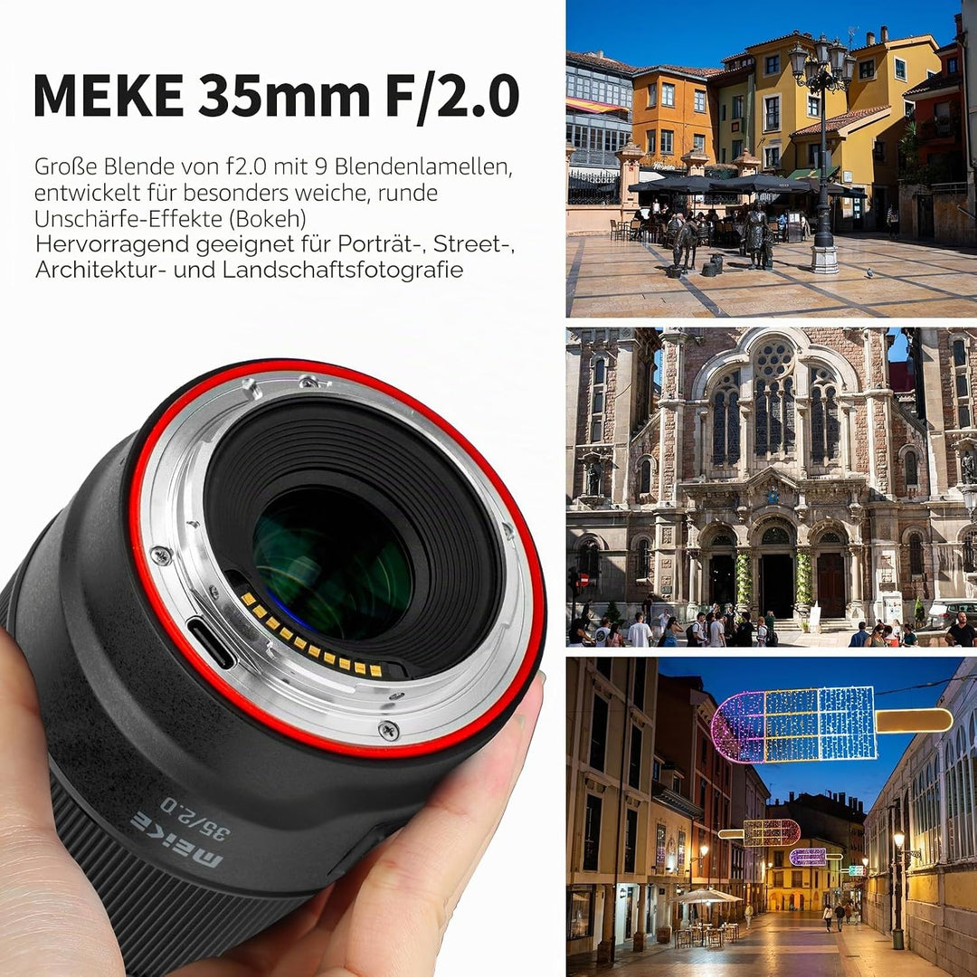 Meike 35 mm F2.0 Vollformat-Weitwinkel-AF-STM Autofokus, Feste Prime-Portrait-Objektive für Panasoni