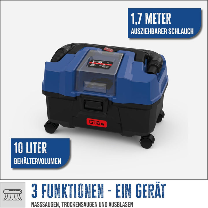 Güde Akku Nass Trockensauger NTST 18-0 (18V, 10 l Auffangbehälter, 4 Lenkrollen, Boden- &amp; Fugendüse,