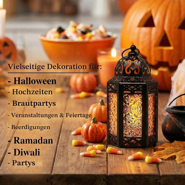 Dekorative marokkanische Laterne aus schwarzem Metall mit Kerzenhalter für Halloween – Innen-/Aussen