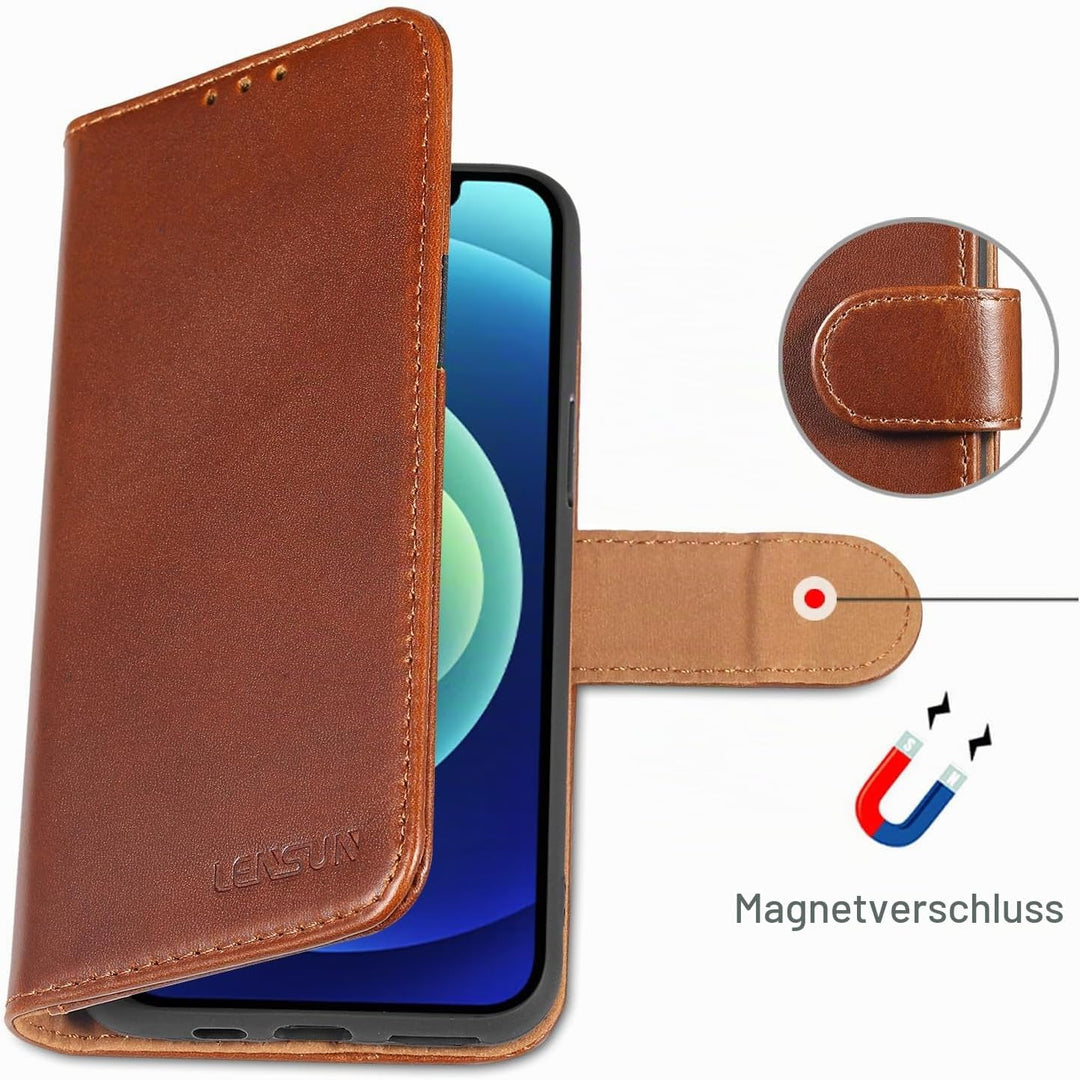 LENSUN Echtleder Handyhülle für iPhone 12 Mini, Dunkelbraun | Echtes Leder Hülle, Standfunktion, Mag