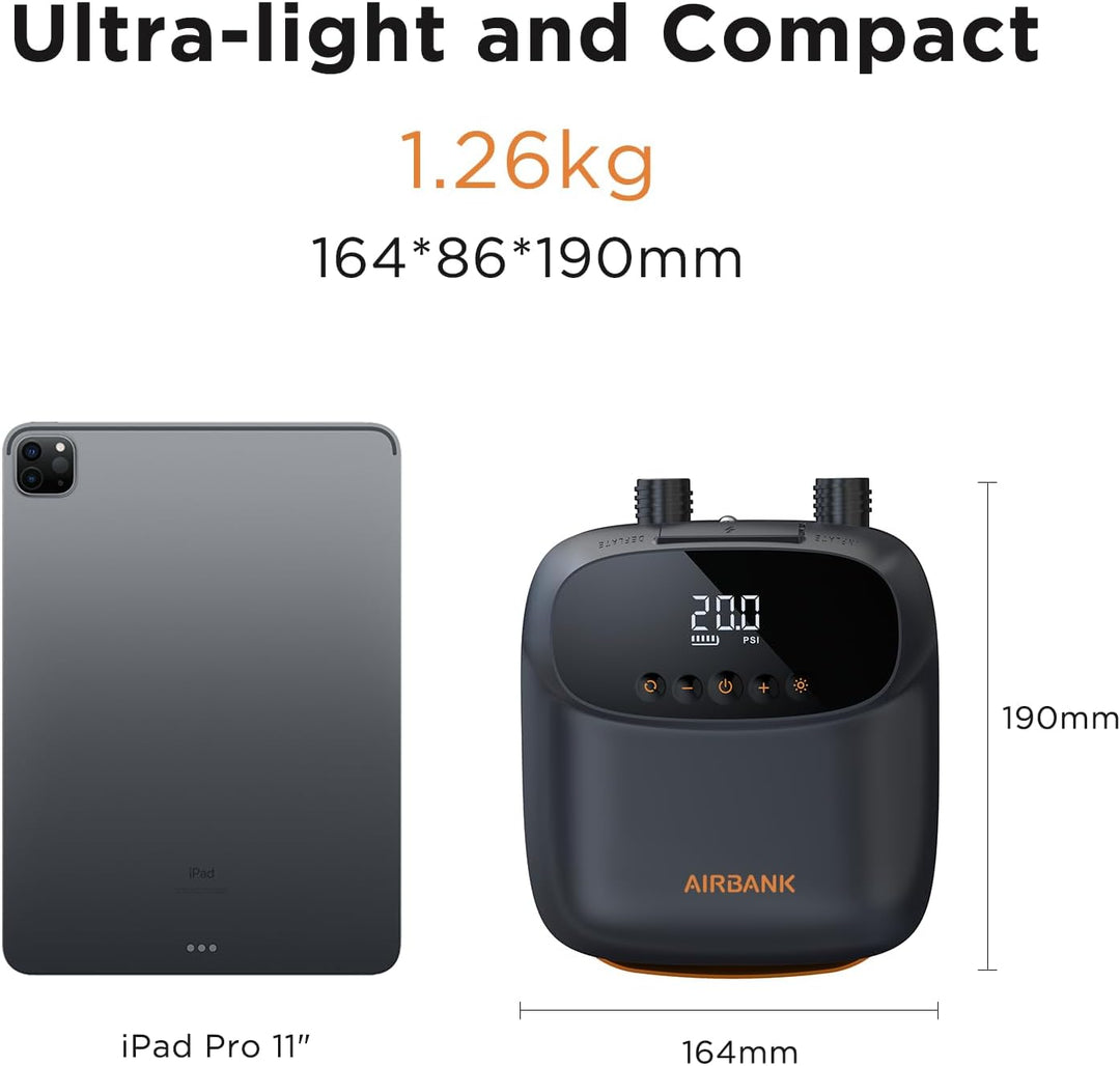 AIRBANK Elektrische Luftpumpe SUP Pumpe mit Akku Der Puffer Pro, Wiederaufladbare Dual Stage Auto Of