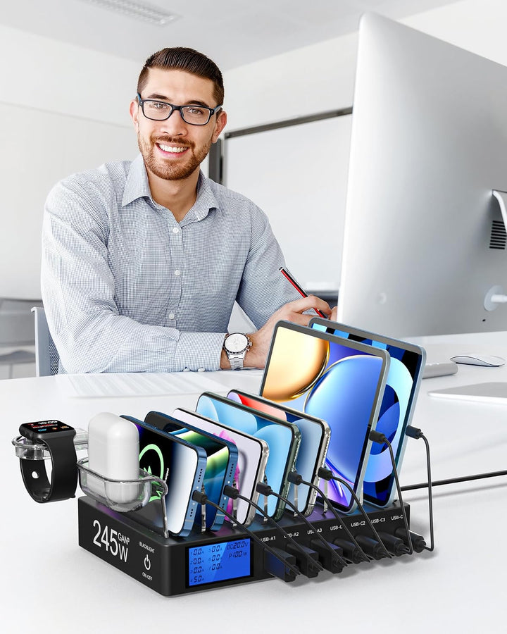 Ladestation Mehrere Geräte, 245W 7-Port-Handy Ladestation mit LCD-Anzeige, 100W PD USB C Schnelllade