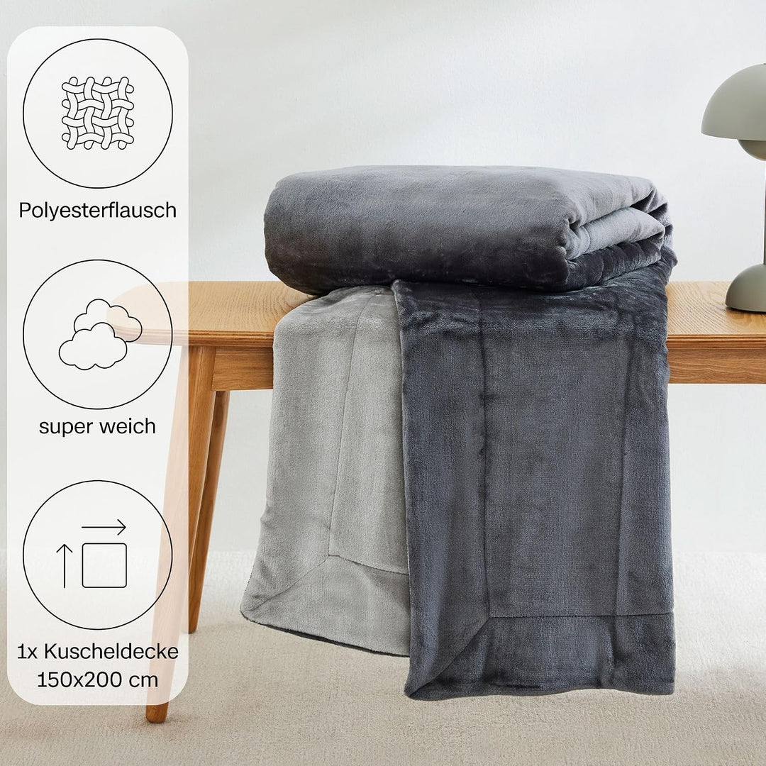 s.Oliver Doublesoft Kuscheldecke 150x200 - super kuschelig &amp; warm, Polyesterflausch Decke grau hellg