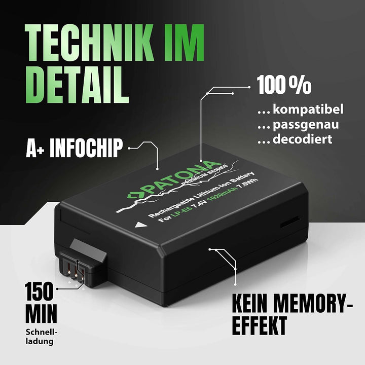 PATONA 2X Premium Akku Ersatz für Canon LP-E5 LPE5 Battery Pack 1020mAh | Ersatzakku für EOS Rebel X