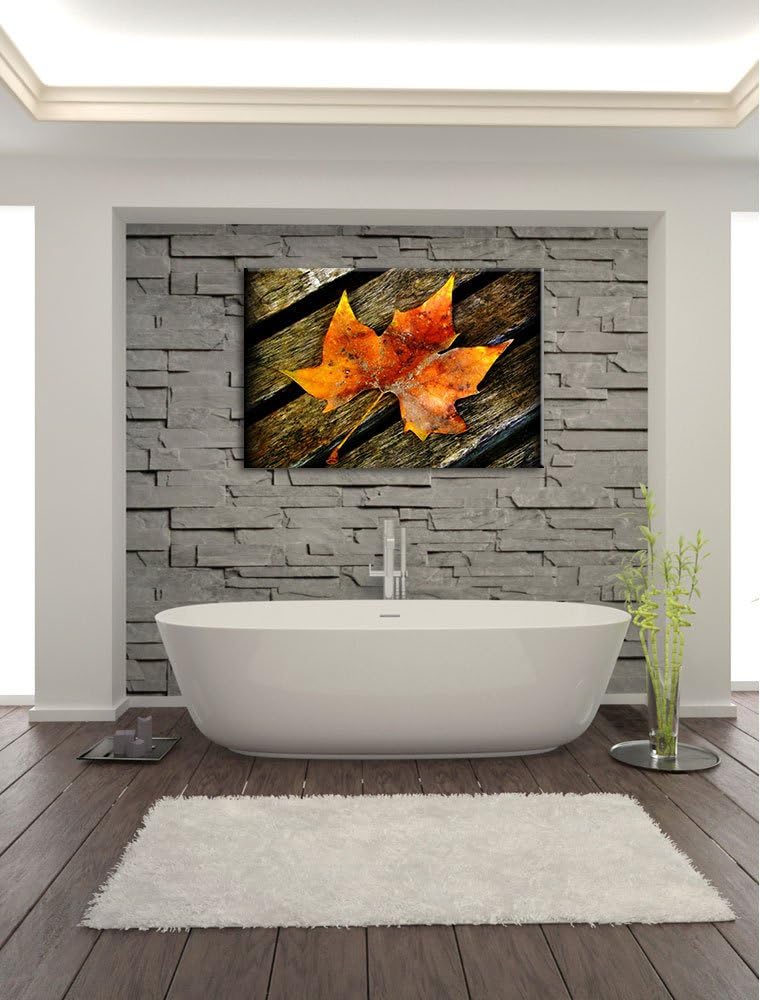 Pixxprint kleines Herbstblatt auf Holz auf Leinwand, XXL riesige Bilder fertig gerahmt mit Keilrahme