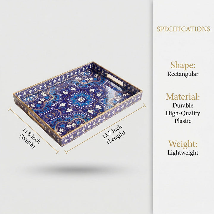 Dekoratives Serviertablett mit Griffen - 40 cm x 30 cm Blaues Mandala-Muster Rechteckiges Kunststoff