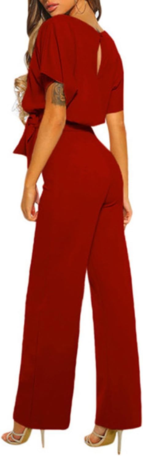 Damen Lang Jumpsuit Overall Hosenanzug Elegant Romper Kurzarm Rundhals Playsuit mit Gürtel Hosenanzu