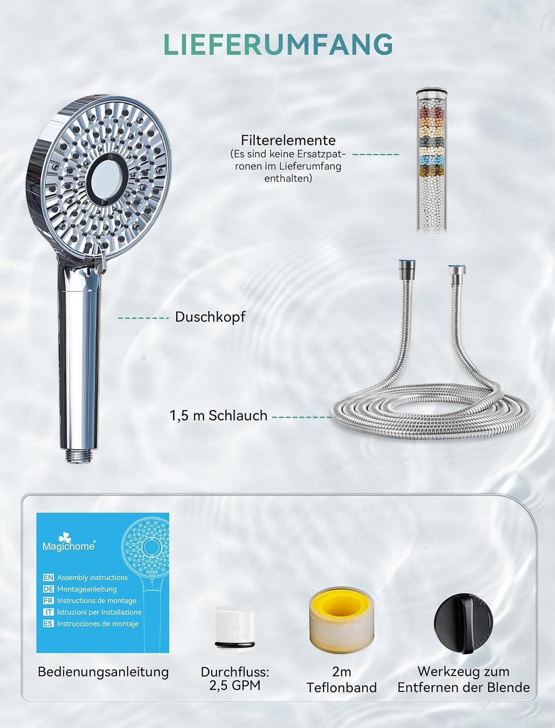 Magichome Filter Duschkopf mit Schlauch, 10 Modi Duschkopf mit Filter Silber, Silber
