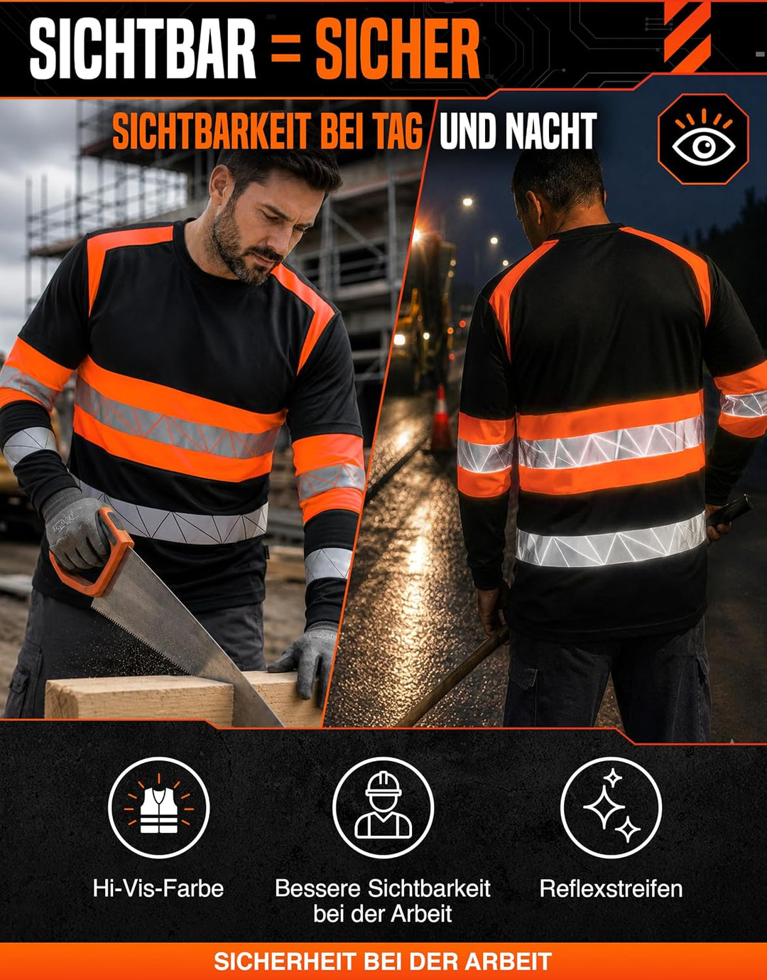 Warnschutz T-Shirt Langarm - Atmungsaktiv Warn Tshirt Herren 3XL Schwarz Orange, 3XL Schwarz Orange