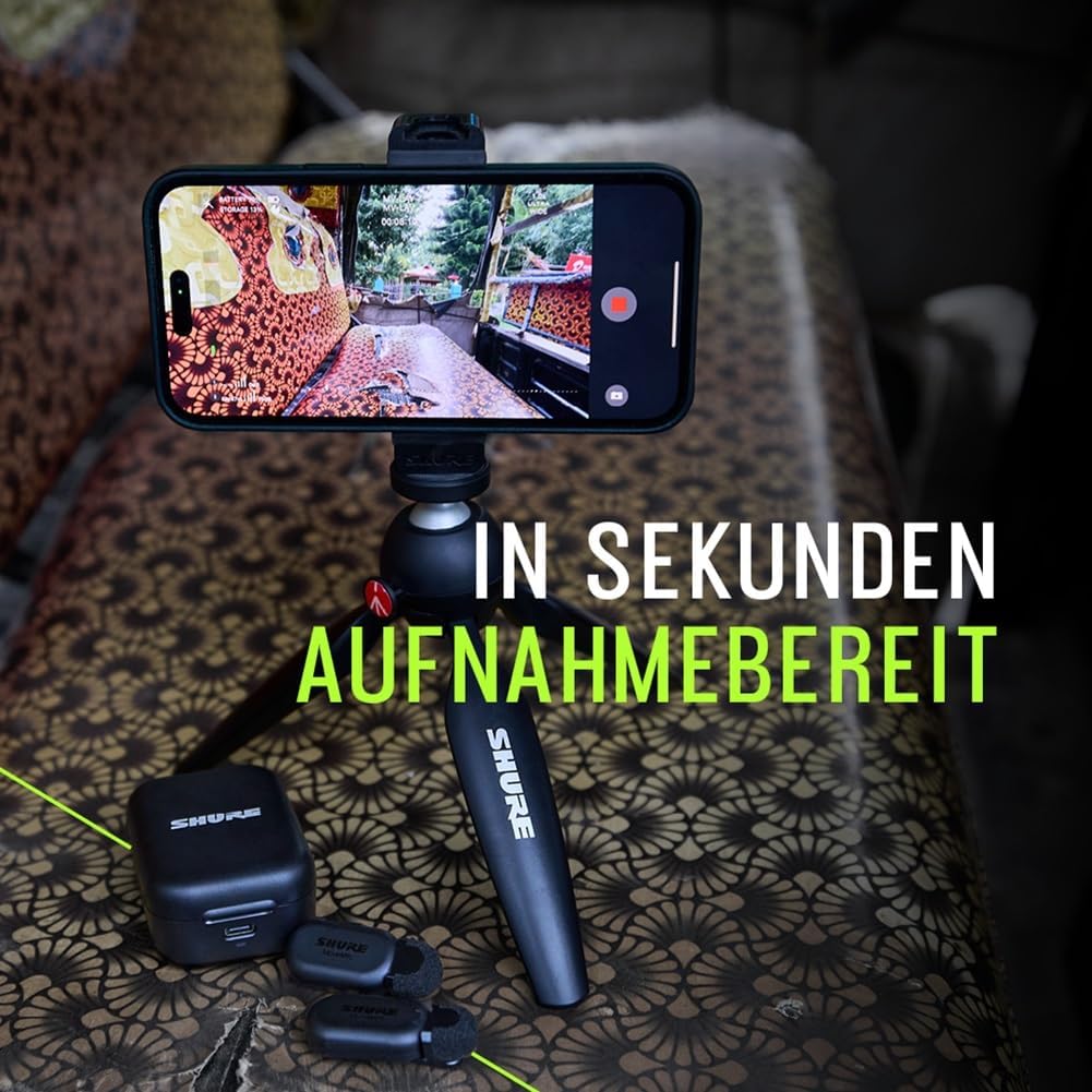 Shure MoveMic Two Set-Profi Funk-Ansteckmikros mit Empfänger für Kamera, iPhone, Android, Mac &amp; PC,