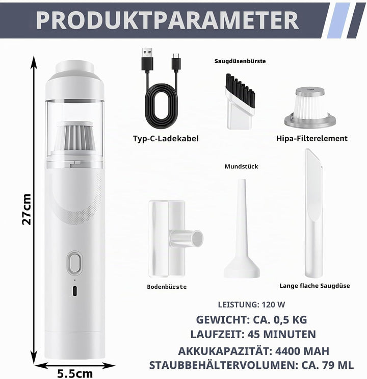 BYZESTY Handstaubsauger, Autostaubsauger, Mini Staubsauger, 9000pa Akku Handstaubsauger Mit USB-C Sc