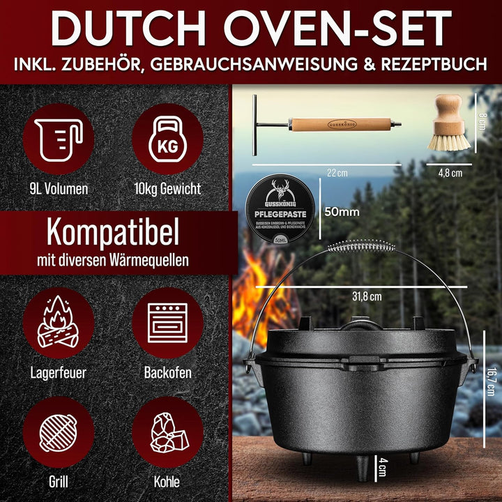 GUSSKÖNIG Dutch Oven Set [9L] - Eingebrannter Feuertopf mit innovativem 2in1 Deckelheber, Reinigungs