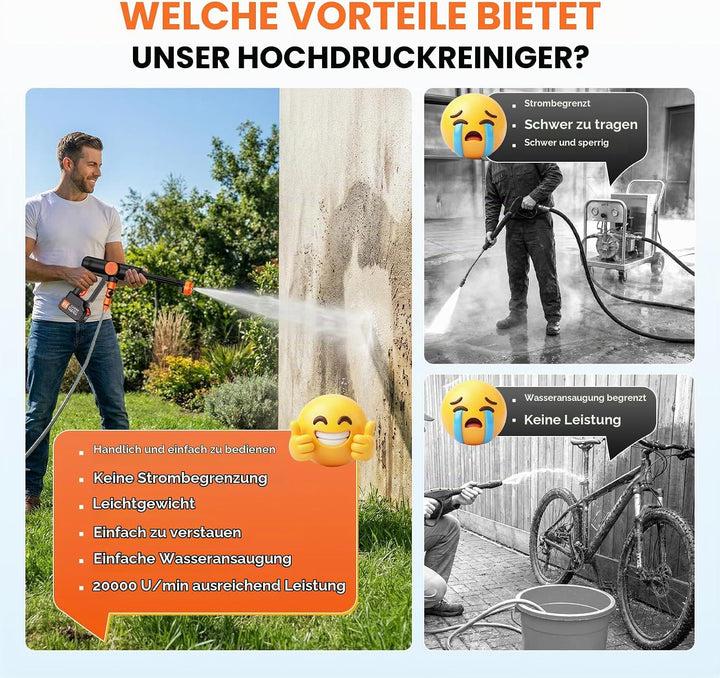 Akku Hochdruckreiniger, Mobiler Hochdruckreiniger mit 2X 3,0 Ah Akkus, Akku Druckreiniger für die Ba