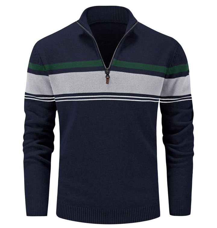 MAGCOMSEN Herren Strickpullover Stehkragen 1/4 Zip Pullover Gestreift Sweater Baumwolle Langarm Swea