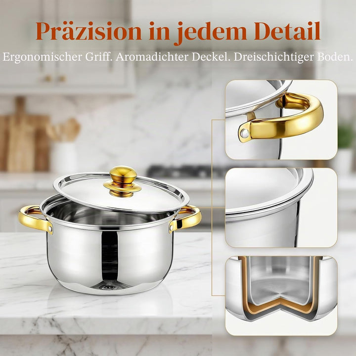 Topfset Induktion 5-teilig,Kochtopf Set mit Glasdeckel Stay-Cool-Griffe Messmarkierungen Ausgiessran