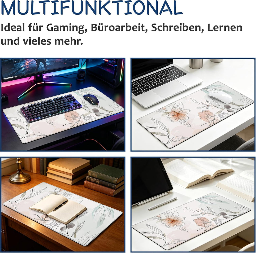Gaming Mauspad, Erweiterte Grosse Schreibtischunterlage, Aquarell Blumen und Blätter Mousepad rutsch