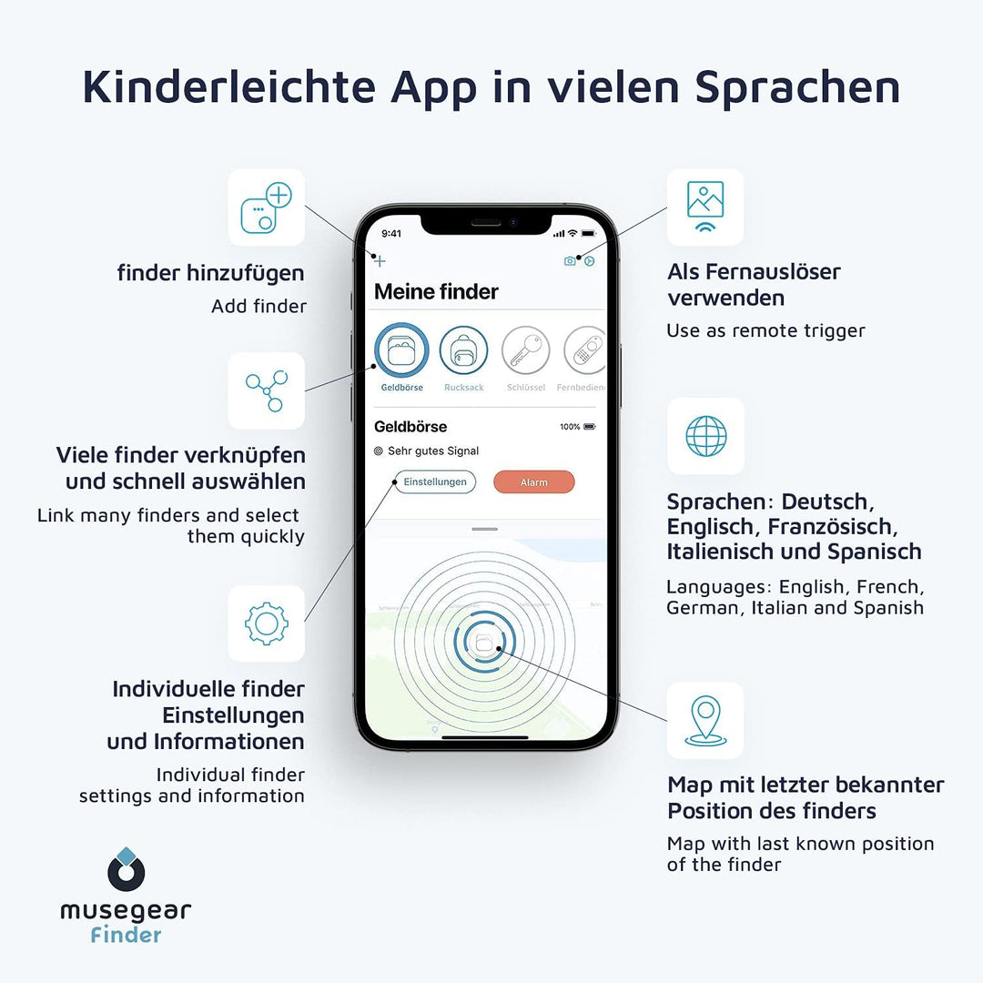 musegear Schlüsselfinder mit Bluetooth App aus Deutschland in dunkelblauer Leder-Tasche I Finder hel