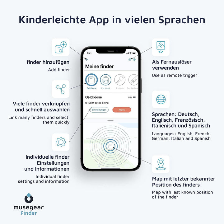 musegear Schlüsselfinder mit Bluetooth App aus Deutschland in dunkelblauer Leder-Tasche I Finder hel
