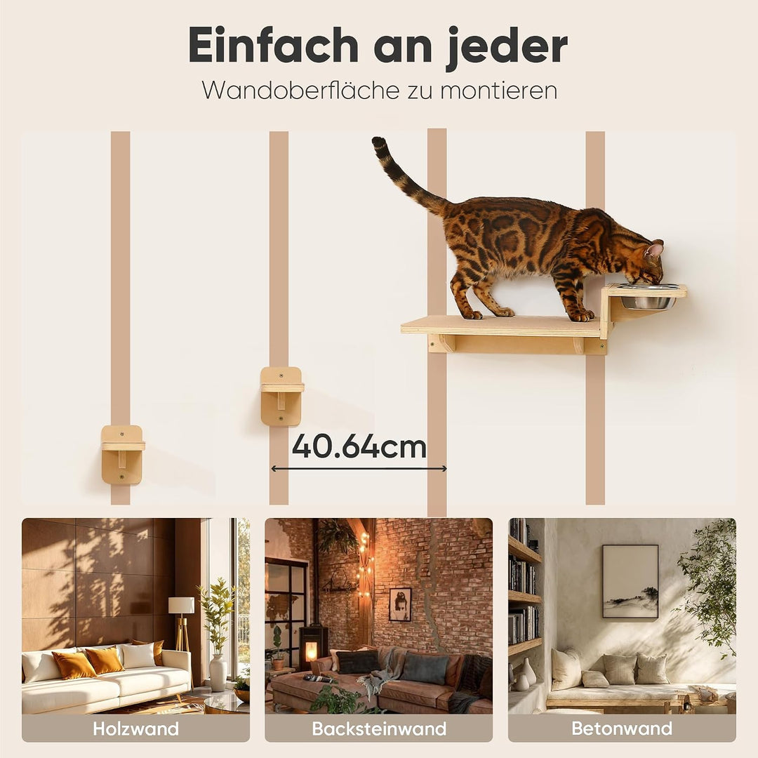 FUKUMARU Kletterwand Katzen Set, 2 Katzentreppe aus Massives Gummiholz, Katzenwand mit Katzennapf au