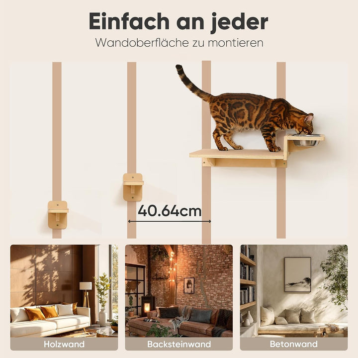 FUKUMARU Kletterwand Katzen Set, 2 Katzentreppe aus Massives Gummiholz, Katzenwand mit Katzennapf au