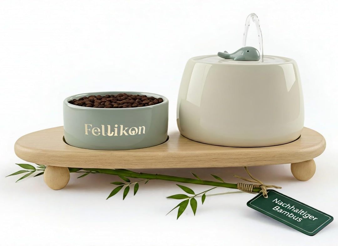 Katzenbrunnen Keramik Set mit Futternapf &amp; 3-Fach Wasserfiltersystem – 1,3L Wasserspender mit Modern