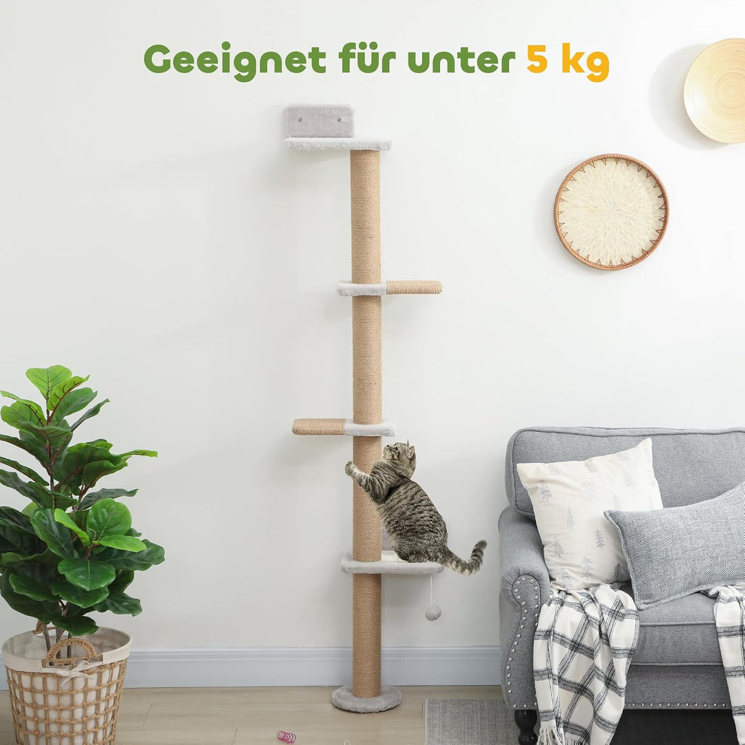 PawHut Kratzbaum Wandmontierter Katzenbaum Kratzsäulen 180 cm Hellgrau