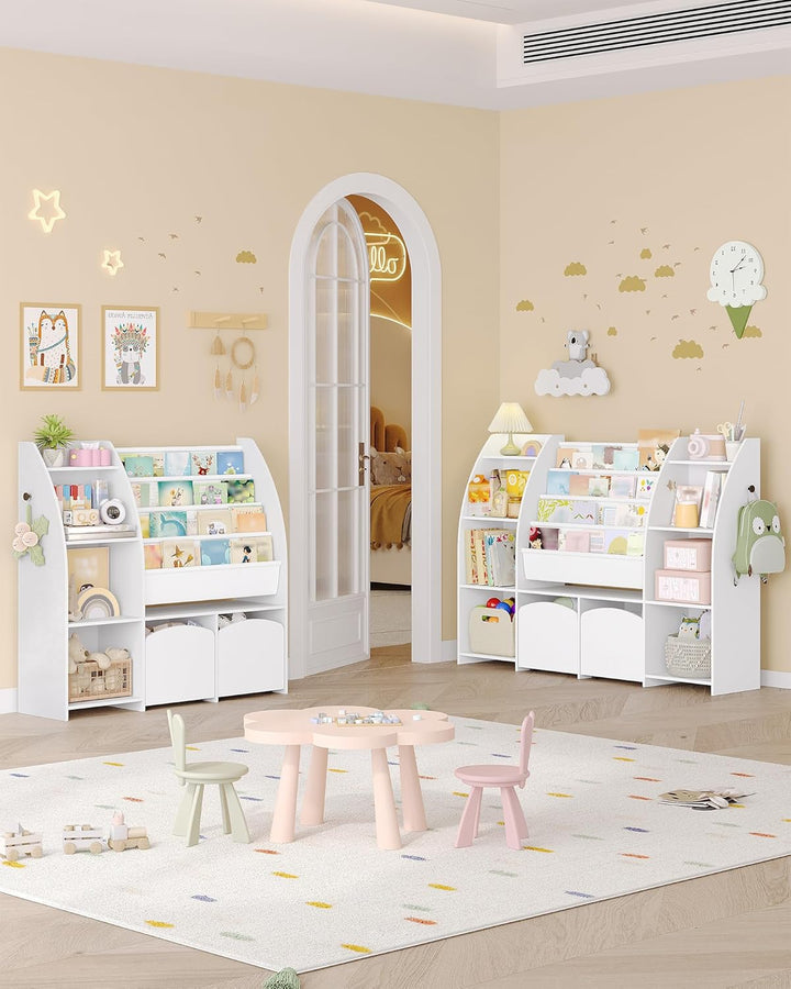 Hzuaneri Kinderregal mit Zeitungsständer, Bücherregal Kinder mit 3 Säulen, 4 Ablagen, Spielzeugregal