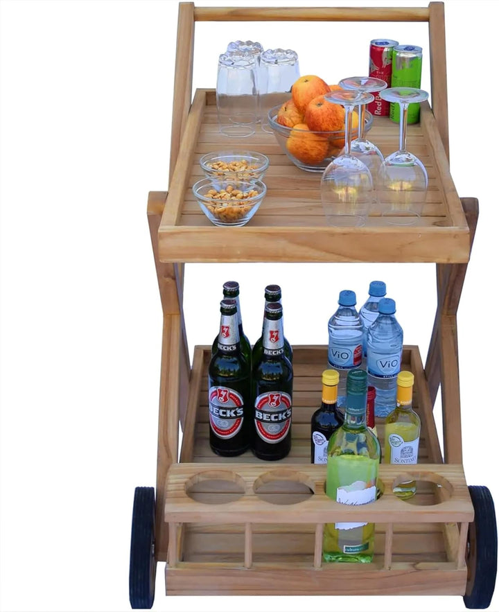 Servierwagen Teakholz Teramo mit 2 Ablagen Massivholz Wetterfest, 70 x 45 x 60 cm, Rollwagen, für Au