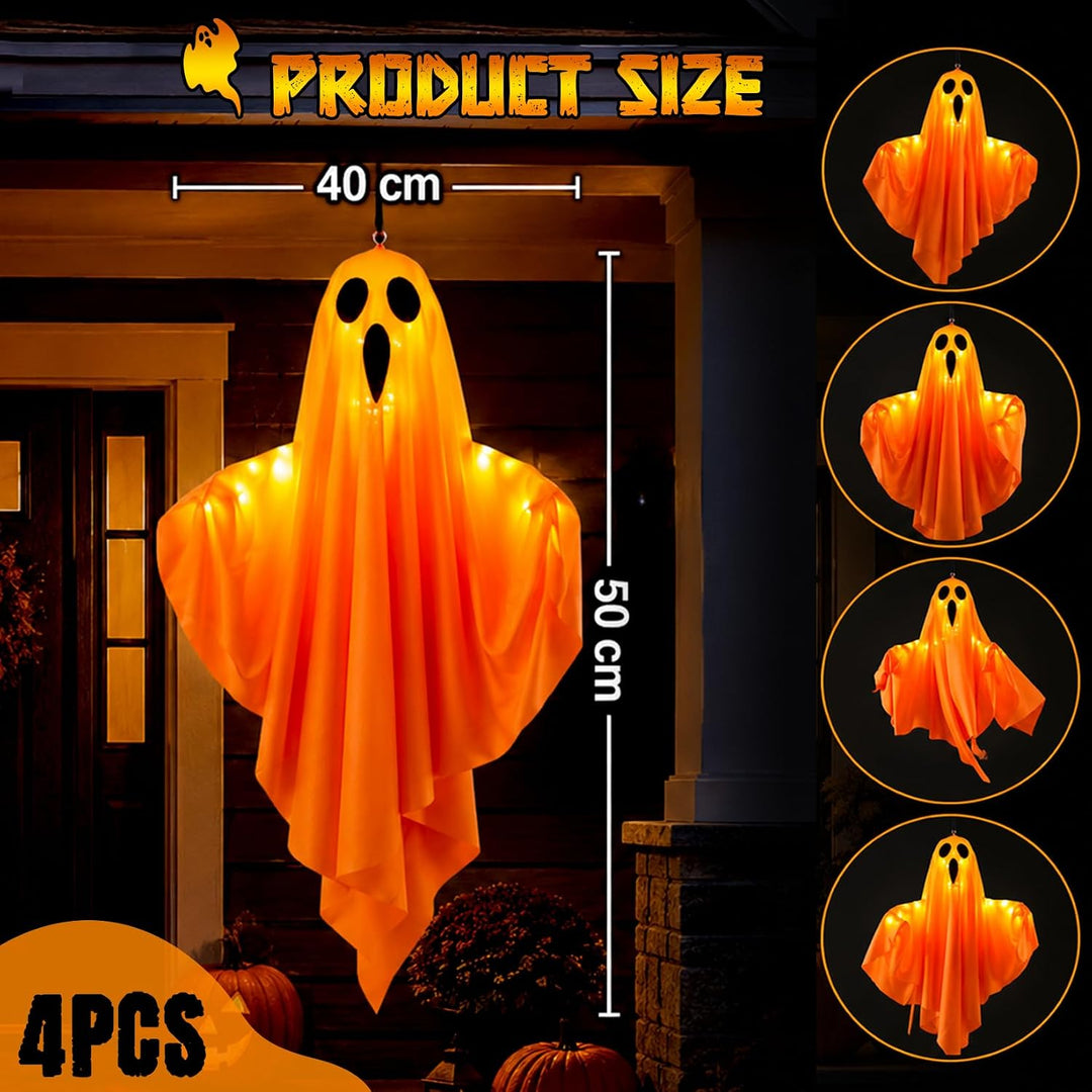 Idota 4er Set Halloween Deko Gespenster in Orange mit LED Lichtern 50cm
