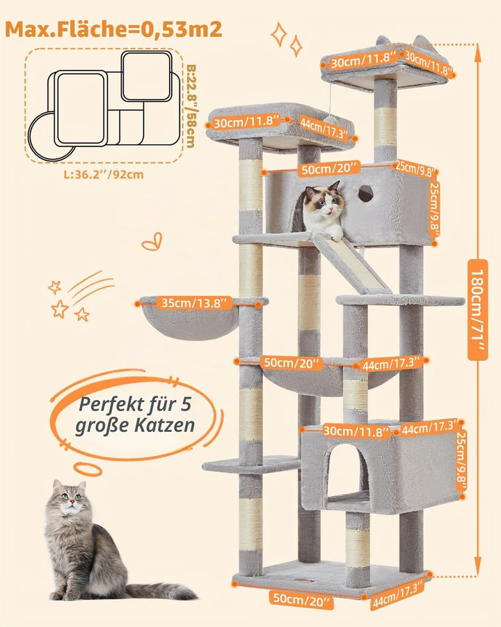 Taoqimiao 180CM Kratzbaum Gross, Katzenbaum Katzen Kratzbaum Grosse Katzen Stabil mit 2 Katzenhaus,