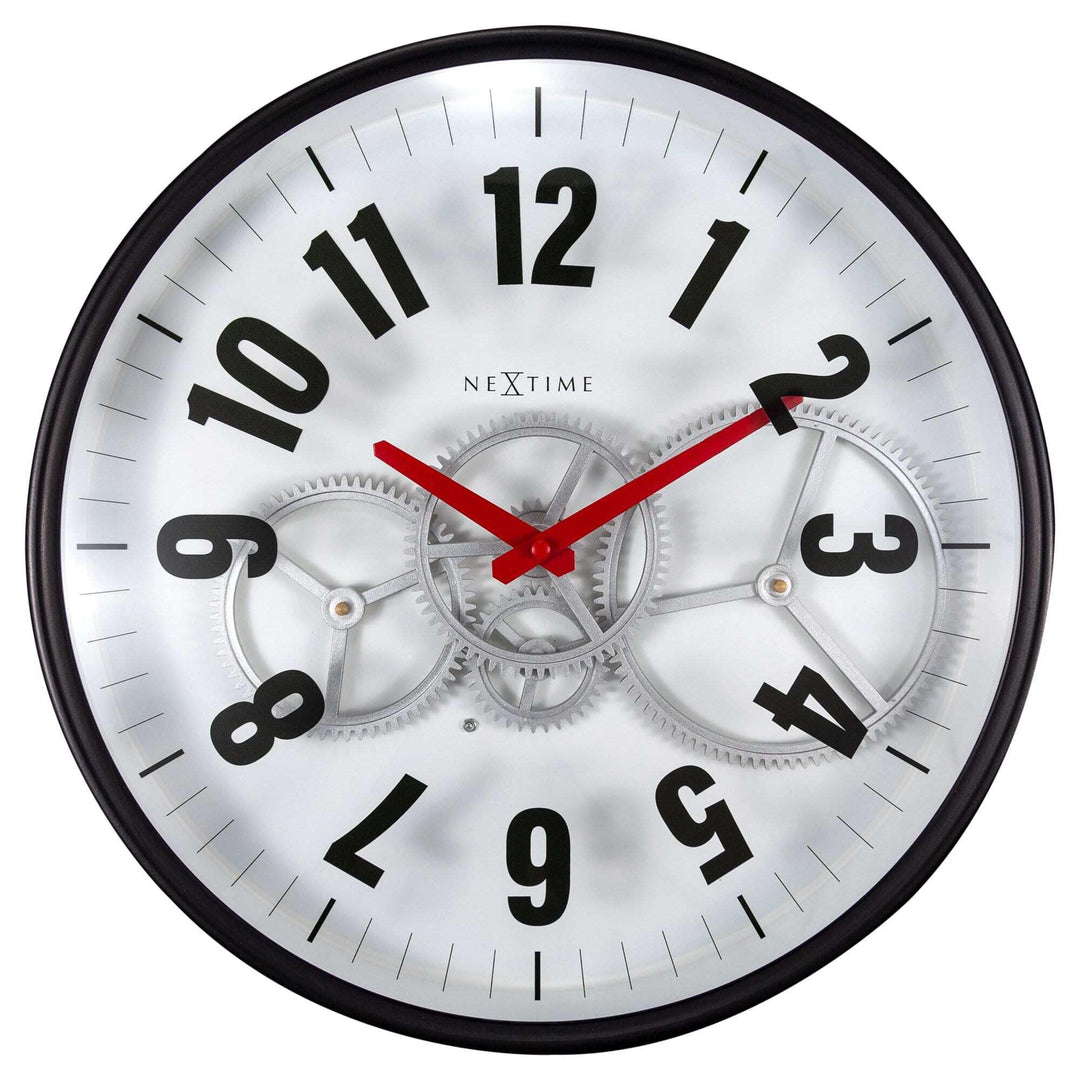 NeXtime Moderne Gear Uhr mit beweglichem Getriebe, Weiss, 36 cm, Metall/Glas
