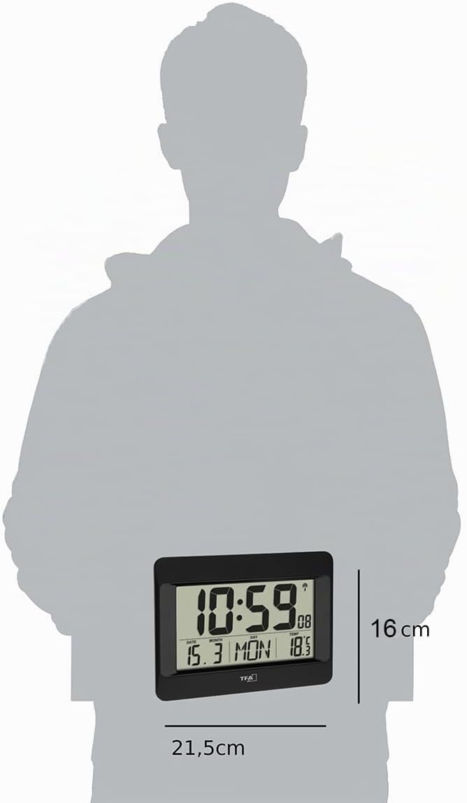 TFA Dostmann Wanduhr digital mit Funkuhr, modern, 60.4519.01 Schwarz, Schwarz